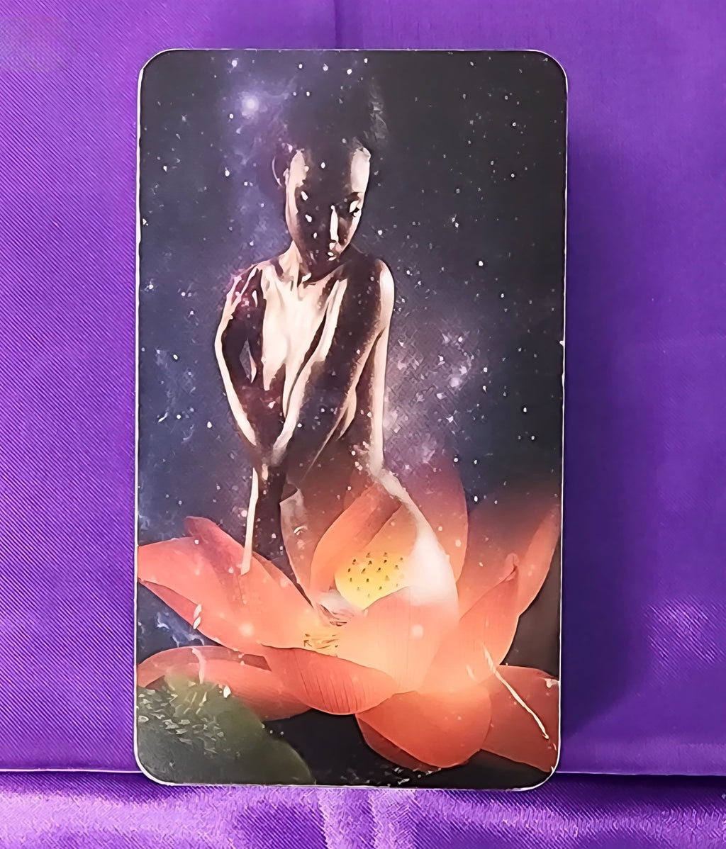 EloahMor's deck design featuring MILO: The Multidimensional Inflorescence Love Oracle (The Flower Oracle) artwork, printed in standard tarot-sized dimensions (2.75 inches by 4.75 inches).